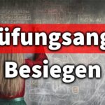 Frau steht an Tafel. Text mit den Worten "Prüfungsangst besiegen"